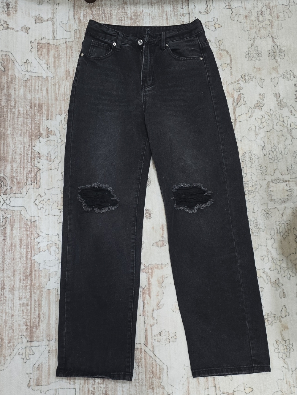 SHEIN Black Distressed High-Rise Straight Leg Jeans